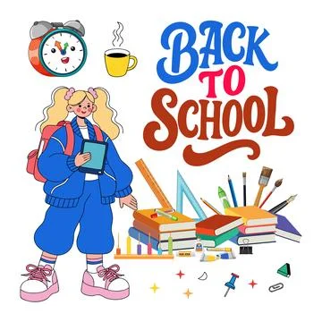 Back to school vector illustration with student holding tablet and school Stock Illustration