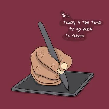 Back to school. Vector illustration of writing hand on tablet in cartoon de.. Stock Illustration