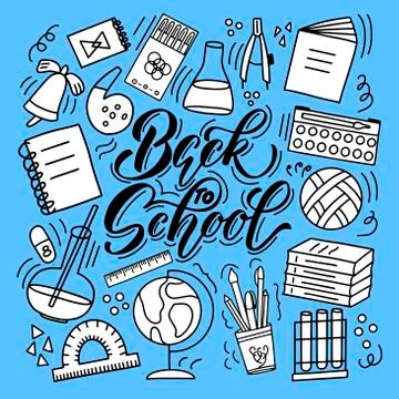 Back to school - vector image on a blue background. For the design of postcards Illustrazione stock