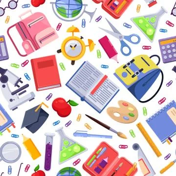 Back to school vector seamless pattern. Colorful education stationery supplie Stock Illustration