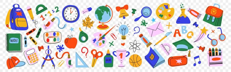 Back to school vector set with cute study supplies. Backpack, ruler, pencil.. Stock Illustration