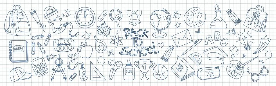 Back to school vector set with hand drawn elements on checkered notebook sh.. Stock-Illustration