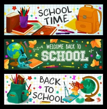 Back to School vector study stationery banners set Stock Illustration