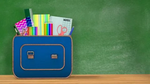 Back to school. A vintage backpack full of school supplies in front of a gree Illustrazione stock