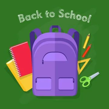 Back to School. Violet Backpack. Office Supplies Stock Illustration