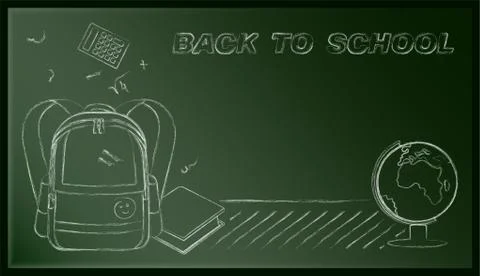 Back to school, web banner with backpack and globe drawn in chalk on blackboard Stock Illustration