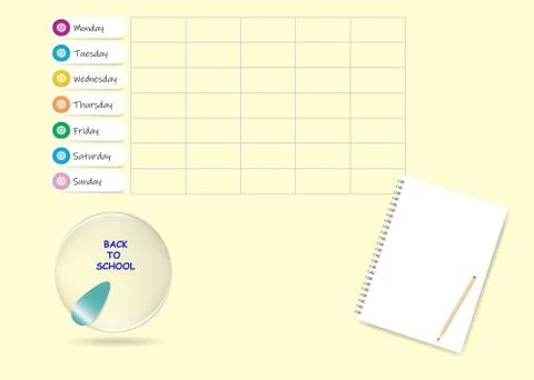 Back to school weekly planner on yellow background Stock Illustration