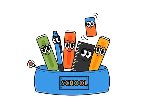 Back to school weird character. Retro school pencil case with pen, markers,.. Stock Illustration