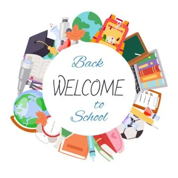 Back to school welcome poster, vector illustration. Cartoon backpack with books Stock Illustration