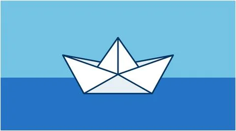 Back to School White paper boat floating on calm blue water with minimalist.. Stock Illustration