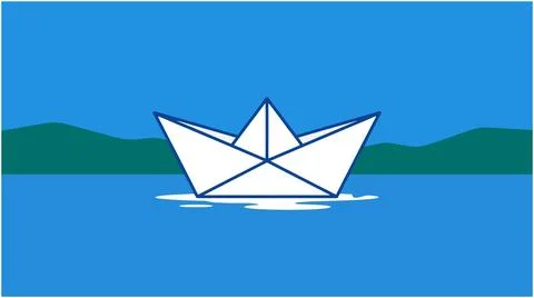 Back to School White paper boat sailing on blue water with mountain landsca.. Stock Illustration