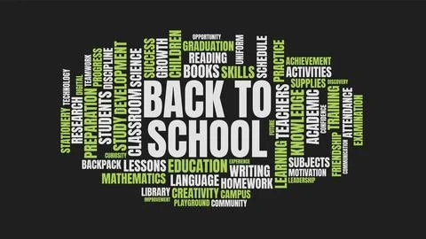 Back to School Word Cloud Graphic with Education Keywords on Dark Background Stock Illustration