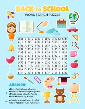 Back to school word search puzzle for kids. Vector Stock Illustration