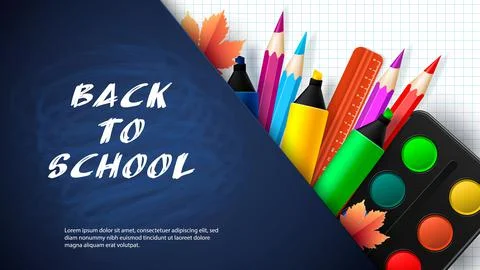 Back to school. Words with realistic school items, with colored pencils, markers Stock Illustration