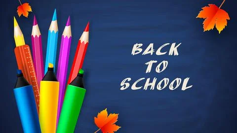 Back to school. Words with realistic school items, with colored pencils, markers Stock Illustration