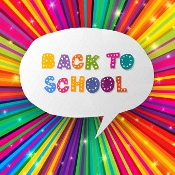 Back to school words in speech bubble on colorful rays. vector illustration,  Illustrazione stock