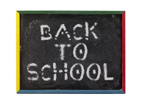 Back to school written on small students chalk board Foto stock