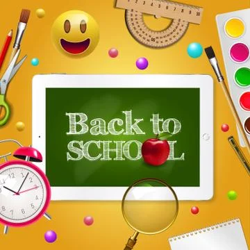 Back to school, written on table with apple and yellow smiley face, emoji and Stock Illustration