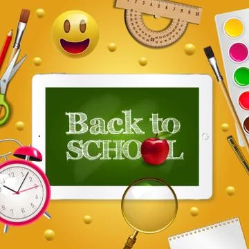 Back to school, written on table with apple and yellow smiley face, emoji and Stock Illustration