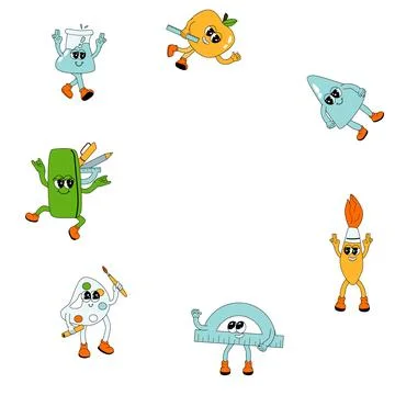 Back to school y2k groovy frame with supplies. Childrens school elements Stock Illustration