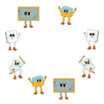 Back to school y2k groovy frame with supplies. Childrens school elements イラスト素材