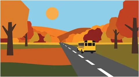 Back to School Yellow school bus on country road in autumn with landscape, .. Stock Illustration