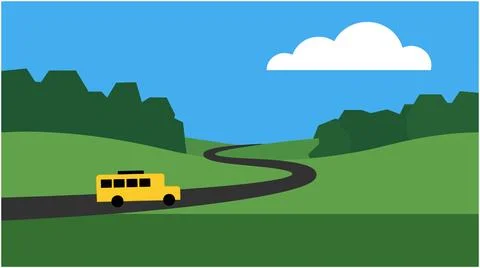 Back to School Yellow school bus on a winding country road with clouds, tra.. Stock Illustration