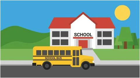 Back to School Yellow school bus arriving at school building on a sunny day.. Stock Illustration