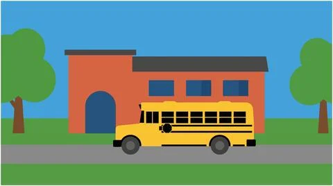 Back to School Yellow school bus driving past a school building with transp.. Stock Illustration