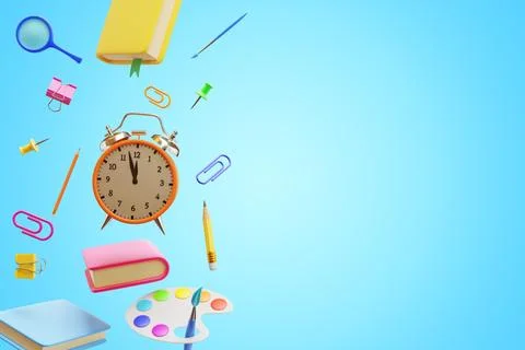 Back to school.Alarm clock paint book paper clip Illustrazione stock