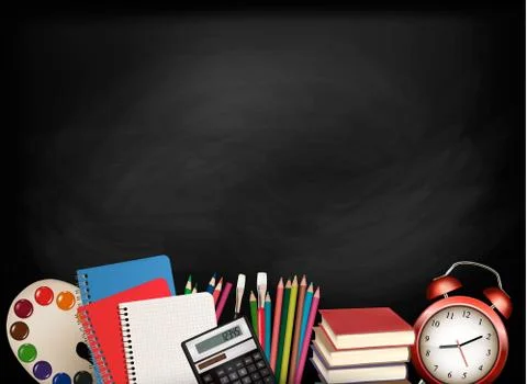 Back to school.chalkboard with school supplies. vector. Stock Illustration