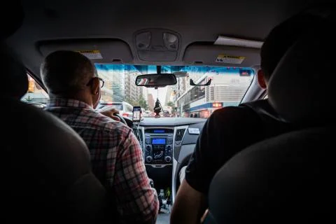 Back Seat View of a Passenger using a Lyft Taxi to go from Manhattan to Brook Stock Photos