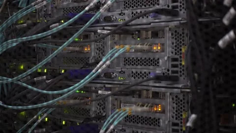 The back of the server. View through the door. Running server rack Stock Footage 131052963