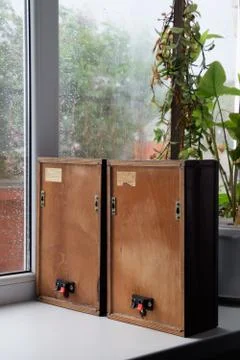 The back of the shelf speaker system is made of plywood. Column speaker 15AS- Stock Photos