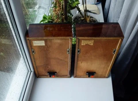 The back of the shelf speaker system is made of plywood. Column speaker 15AS- Stock Photos
