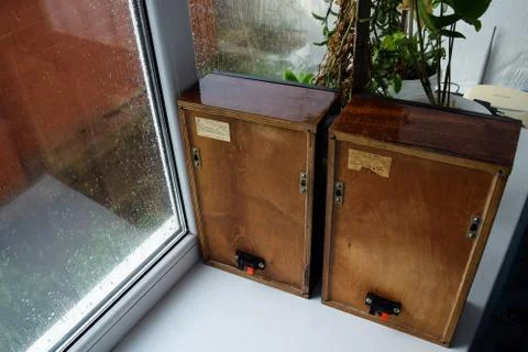 The back of the shelf speaker system is made of plywood. Column speaker 15AS- Stock Photos