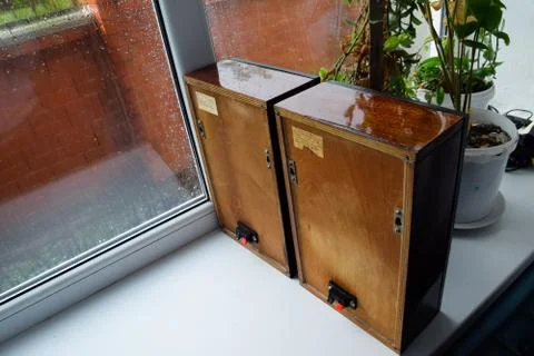 The back of the shelf speaker system is made of plywood. Column speaker 15AS- Stock Photos