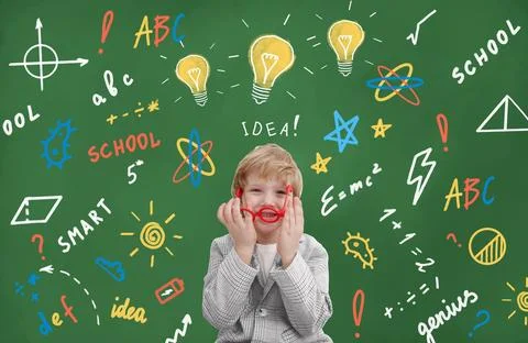 Back to shool banner. Little School boy with glasses on blackboard background Stock Illustration