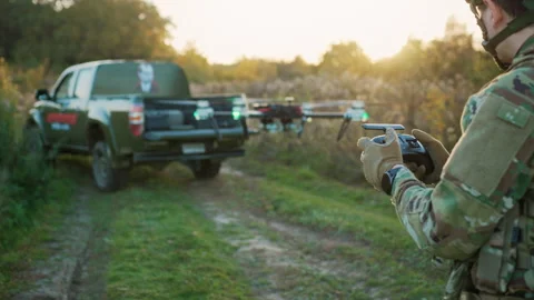 Back shot of equipped unrecognizable Caucasian man in camouflage clothes Stock Footage 244082185