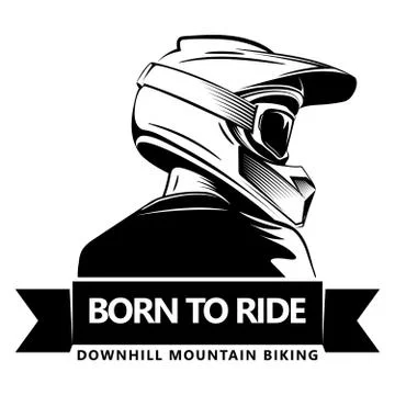 Back shot of man with full face motocross helmet. Extreme sport logo template Illustrazione stock