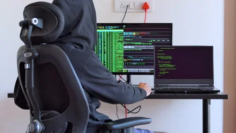 Back shot of a man working on a computer as hacker Stock Footage 146606370