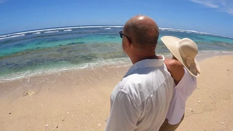 Back shot of middle-aged couple at the beach watching the ocean Stock Footage 150567769