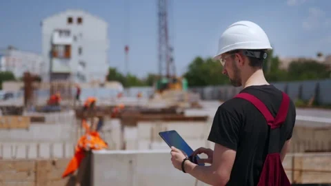Back Shot of Professional Construction Worker Wearing Hard Hat Holds Tablet Stock Footage 255712718