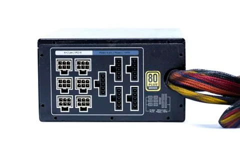 Back side 850W power supply have many connection for cable and have label for Stock Photos