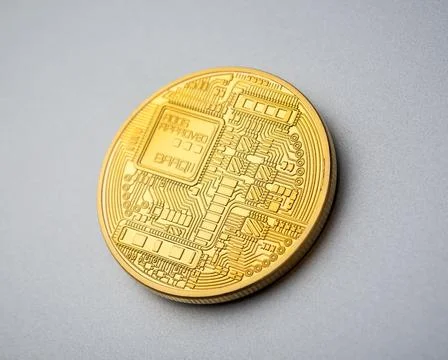 Back side of Bitcoin coin on brushed aluminium background Foto stock