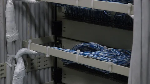 Back Side Of Data Center Servers With White Cable Stock Footage 89301315