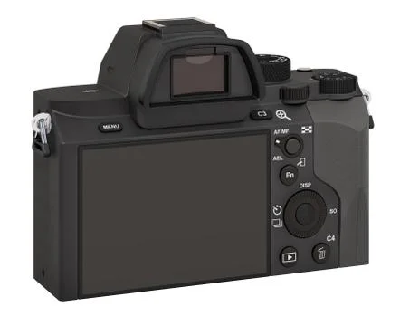 Back side of full frame mirrorless interchangeable-lens digital camera, body. Stock Illustration