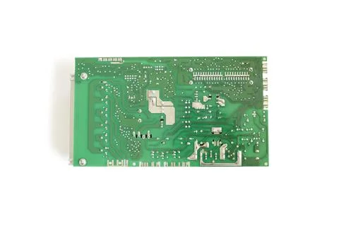 Back side of main Electronic circuit green board isolated in clipping path. Stock Photos