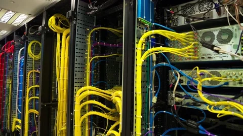 Back Side Of Modern Data Servers With Cables And Flashing Lights - Tilt Down Video stock 56947670