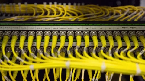 Back Side Of Modern Working Data Servers With Yellow Cable - Tilt Down 스톡 동영상 57117546